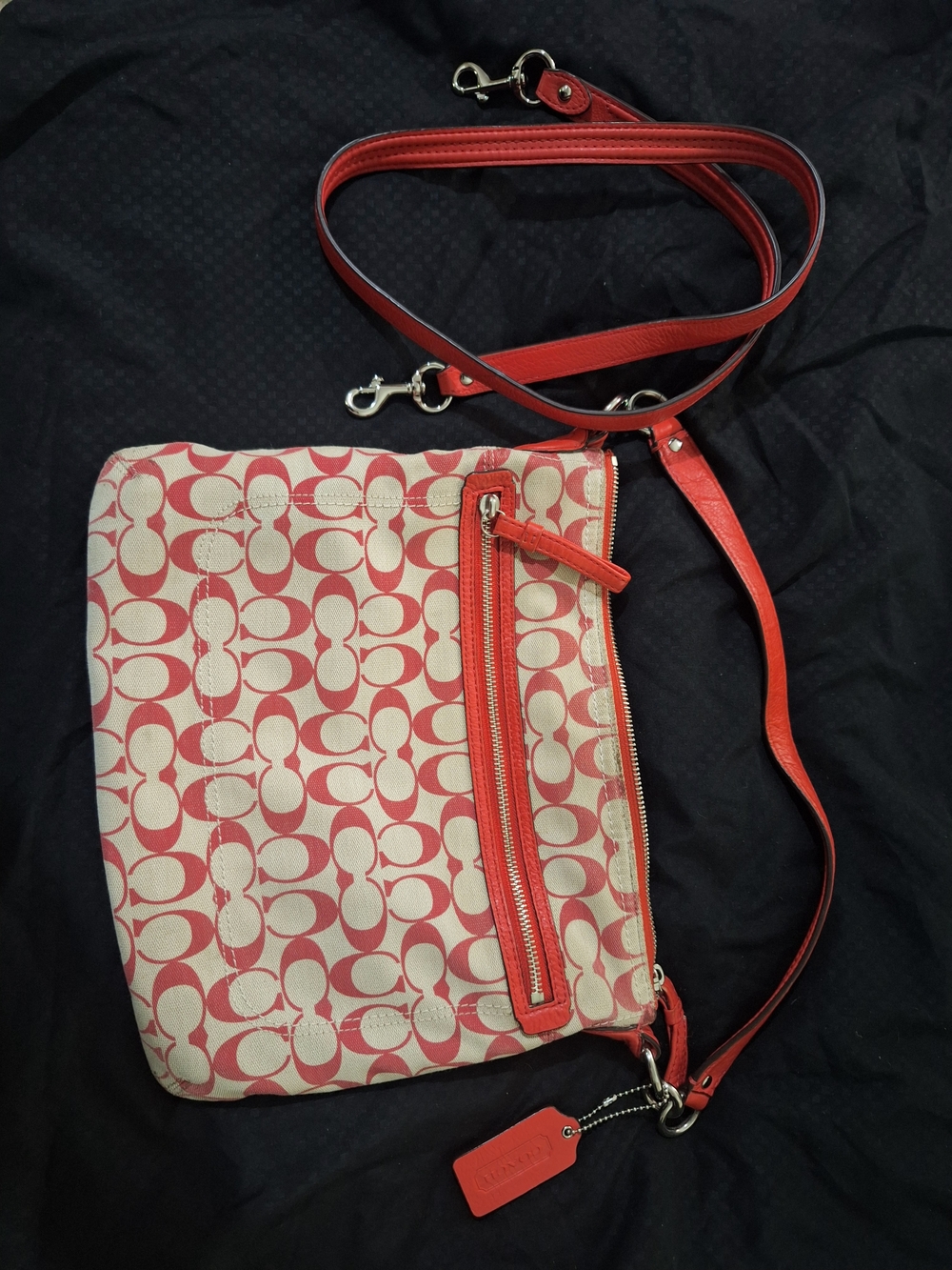 Coach Pink and Cream Signature Crossbody with Red Trim